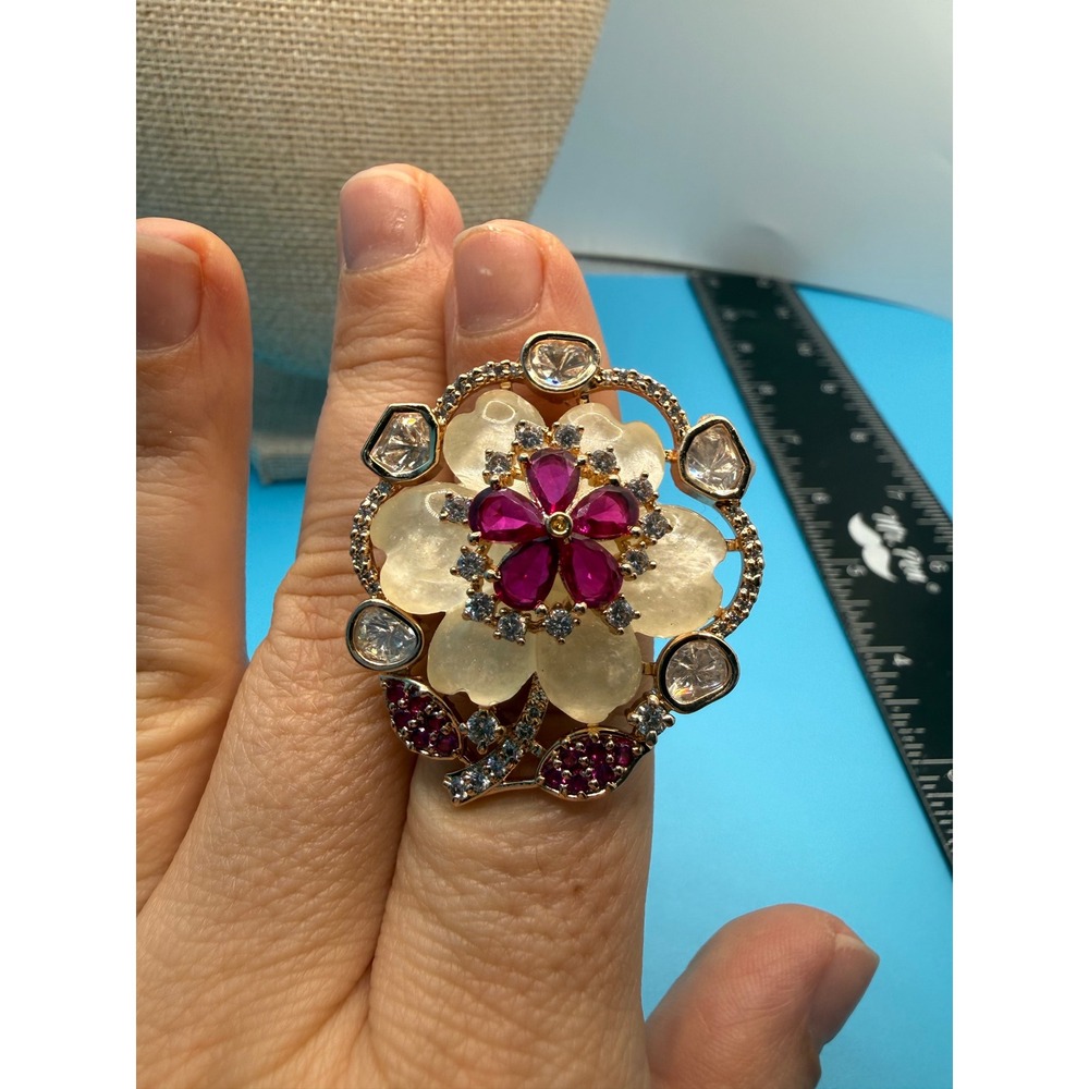 Gold Tone Floral Statement Ring‎ Ruby Red Cream Crystal Adjustable Cocktail Ring